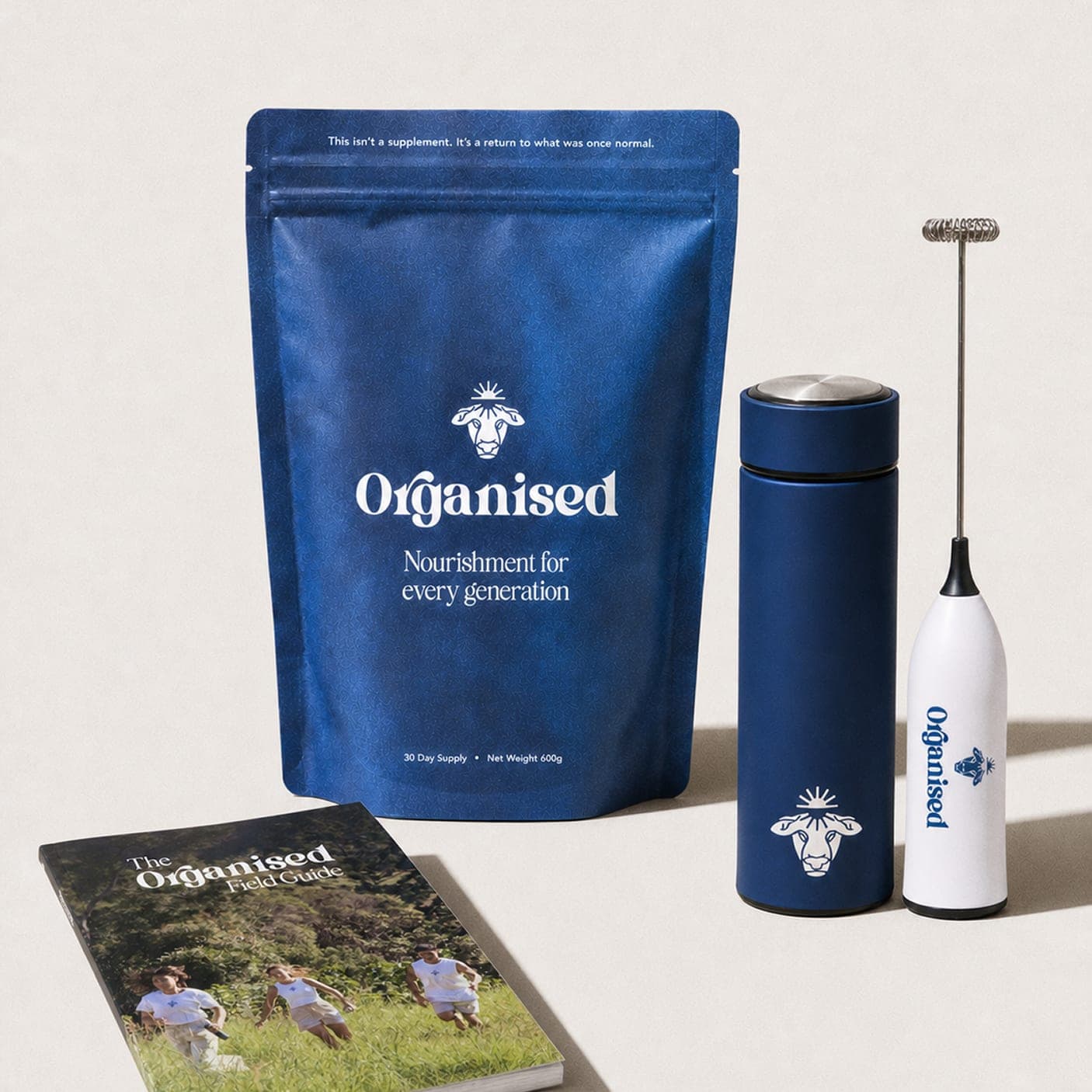 The Organised pouch with the steel bottle, electric whisk and field guide