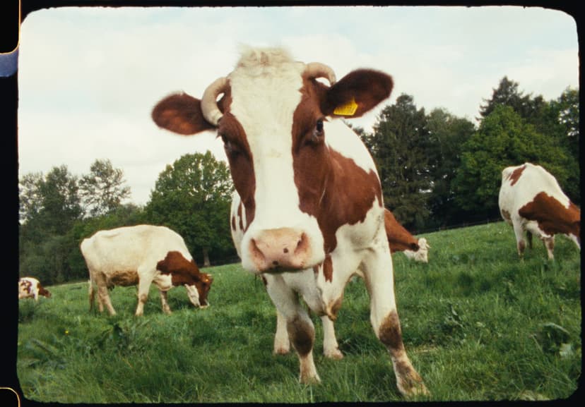 A horned dairy cow looking into the camera