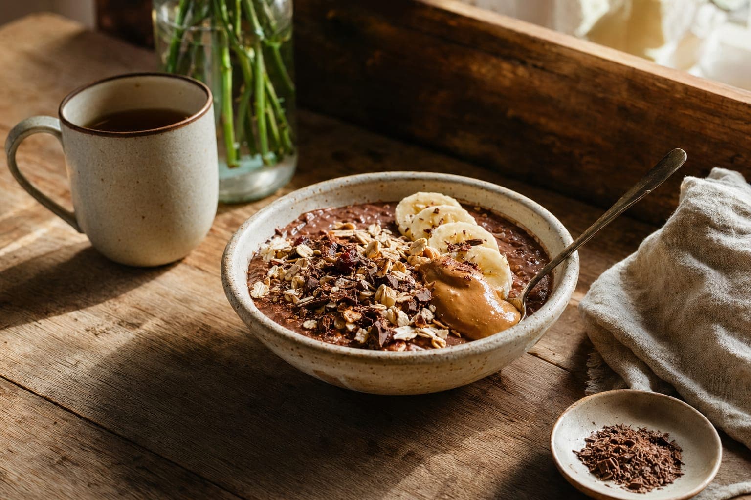 Overhead wooden table with a bowl of oats topped with berries and nuts, surrounded by small dishes of seeds and spoons in warm light