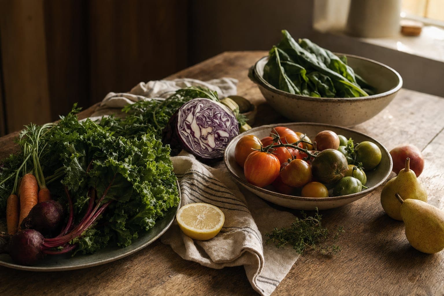 An abundant spread of fresh vegetables and fruit, leafy greens, tomatoes, citrus and herbs, on a dark rustic surface