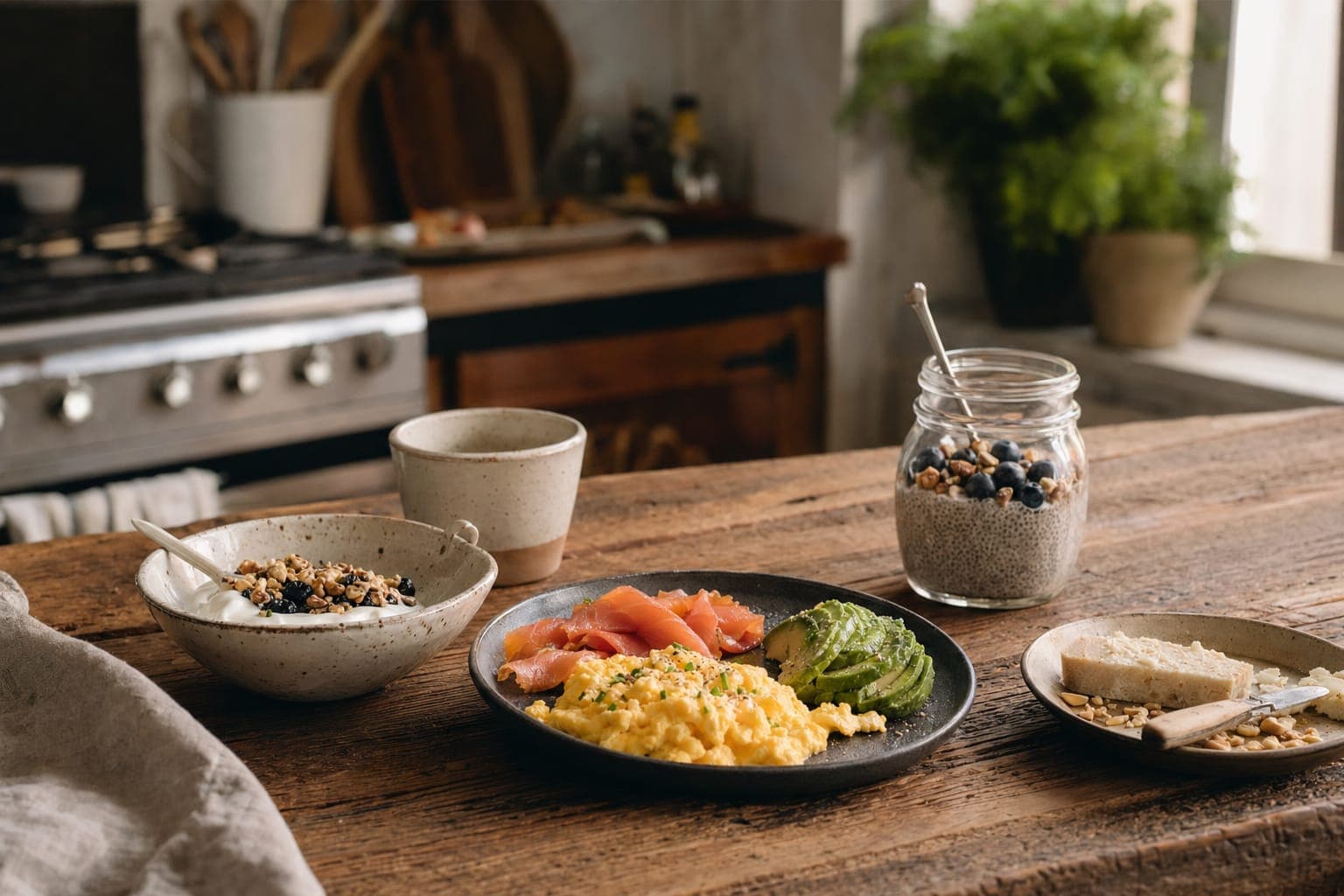 Bright farmhouse kitchen counter set with plates of cooked eggs and greens, jars and bowls beside a sunlit window