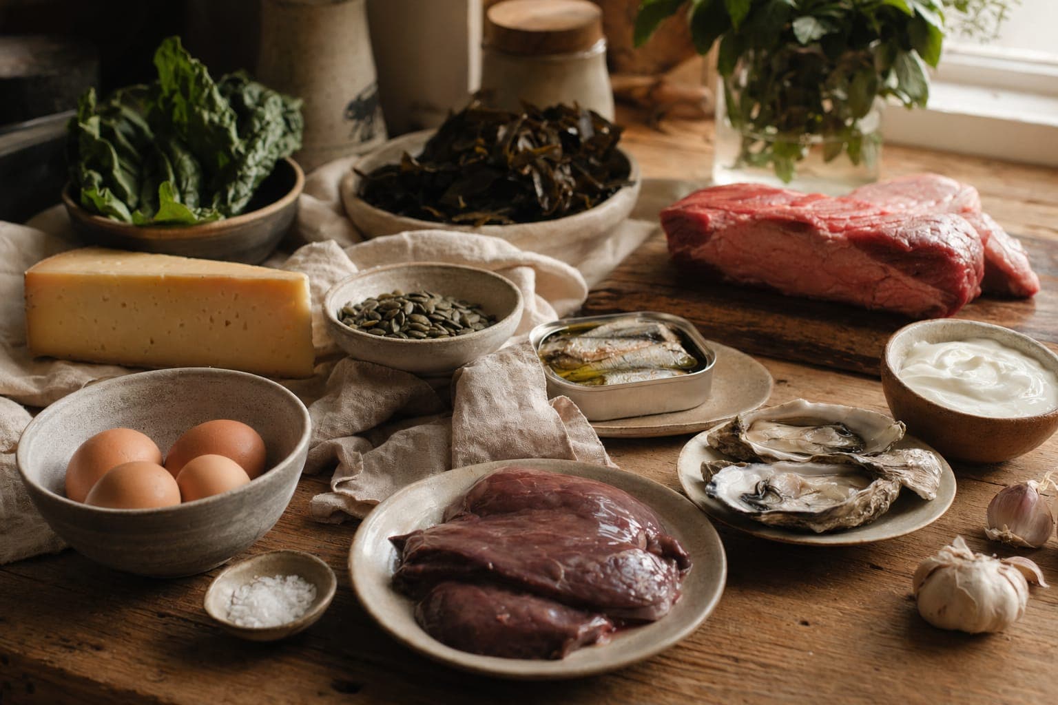Dark wooden table laid with mineral-rich whole foods, red meat, leafy greens, eggs, nuts and seeds