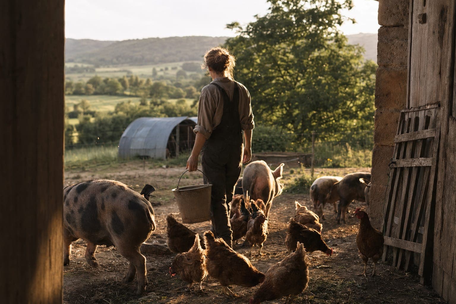 A farmer standing in a green pasture among free-roaming livestock on a regenerative farm under soft daylight