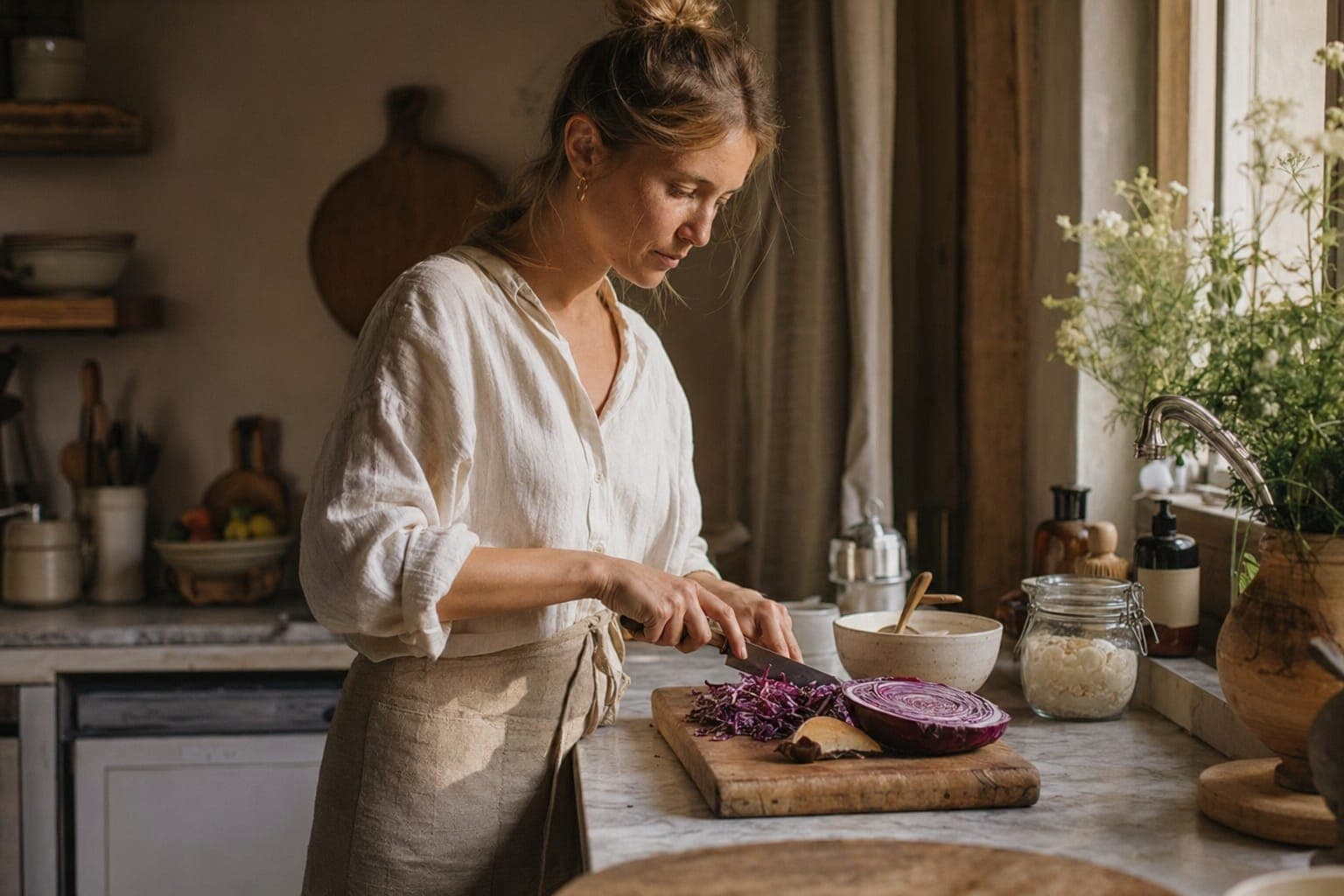 A woman preparing food at a sunlit kitchen counter, chopping fresh ingredients in warm natural light