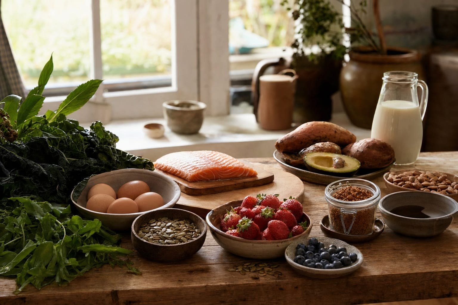 Rustic table spread with bowls of vegetables, fresh greens and a plate of meat in soft light