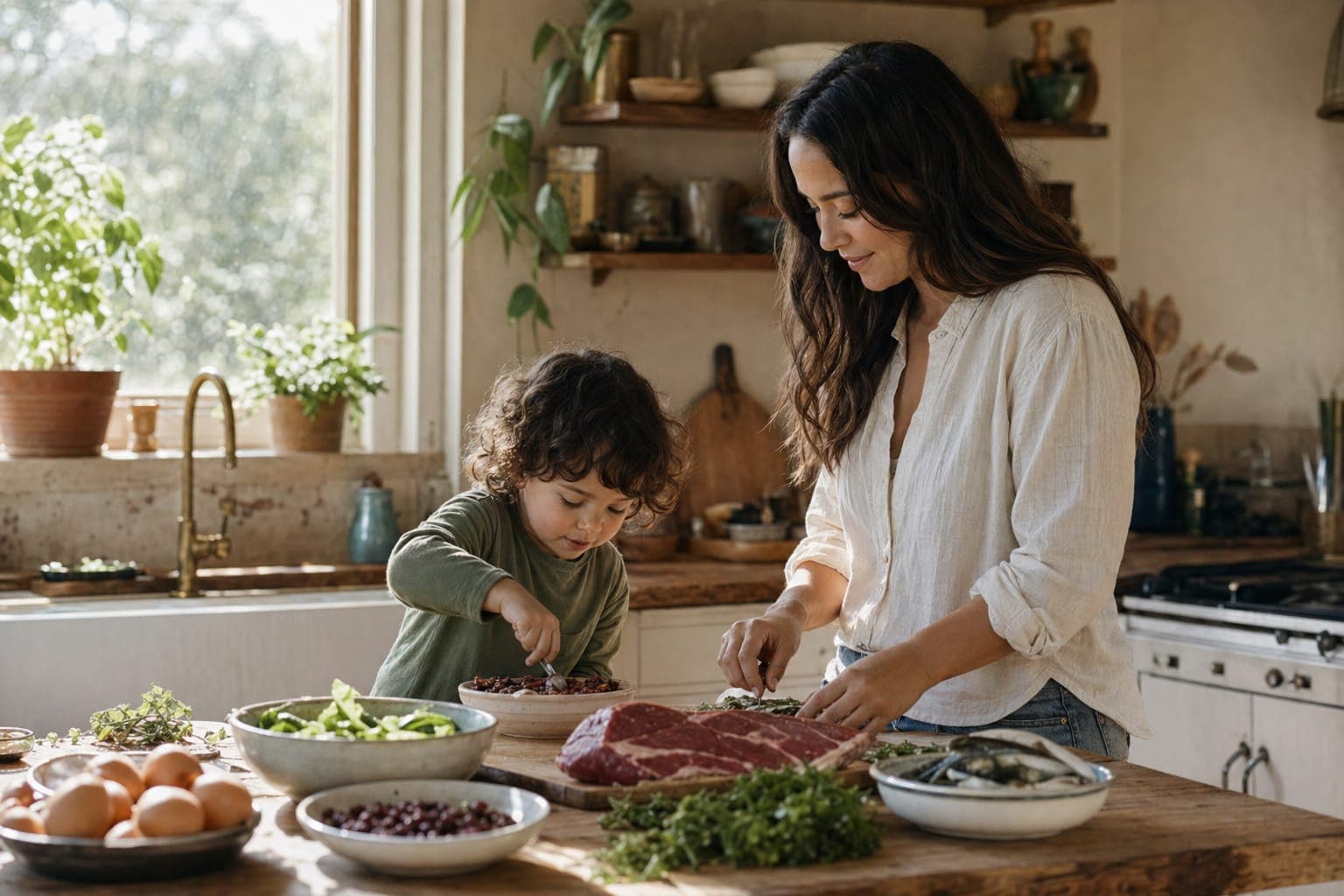 A parent and child preparing food together at a table in a warm, herb-filled farmhouse kitchen