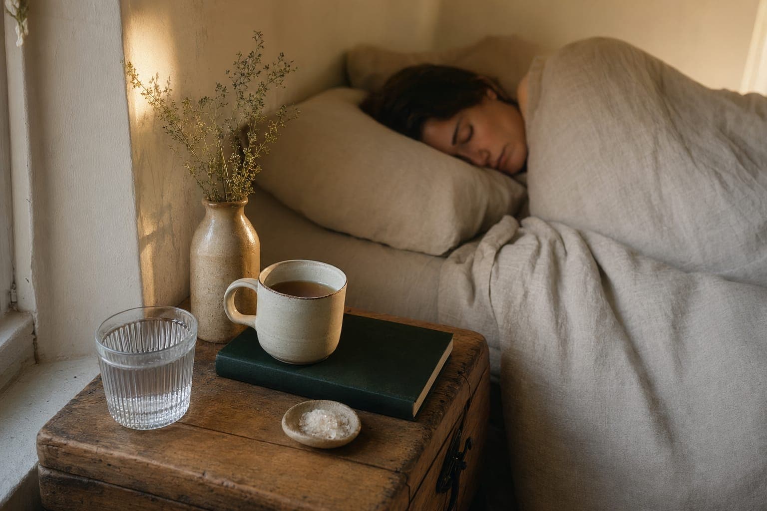 A person in a white robe holding a warm mug by a window in soft morning light, a restful scene
