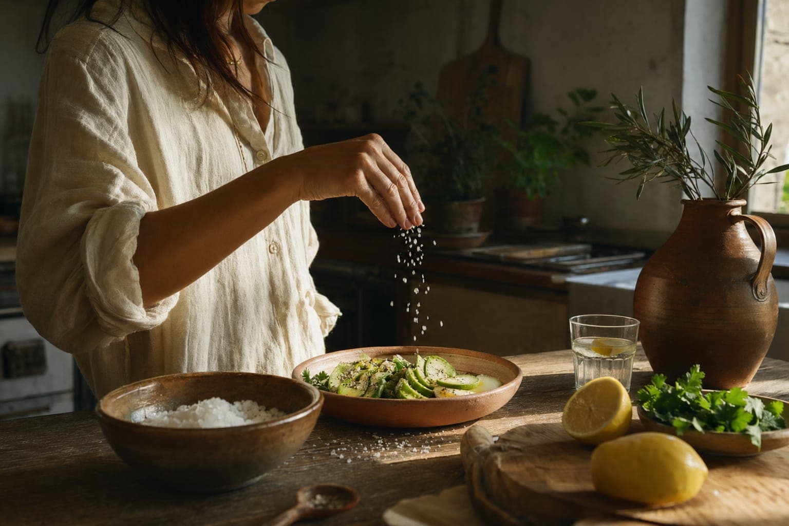 A woman at a rustic kitchen table with a stoneware jug and bowls, seasoning food in warm directional light