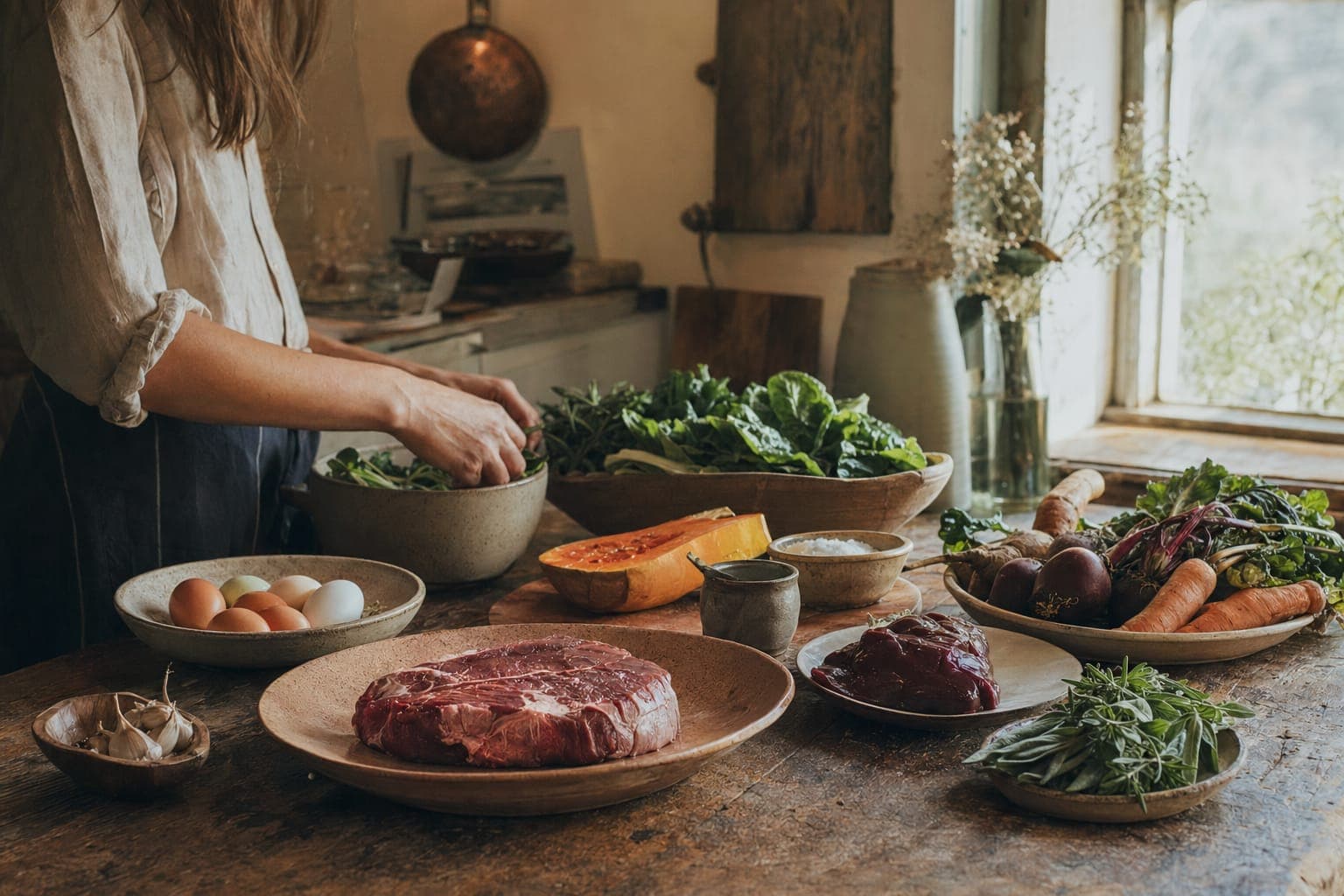 A dark table laid with unprocessed whole foods, raw meat, eggs and bowls of fresh vegetables