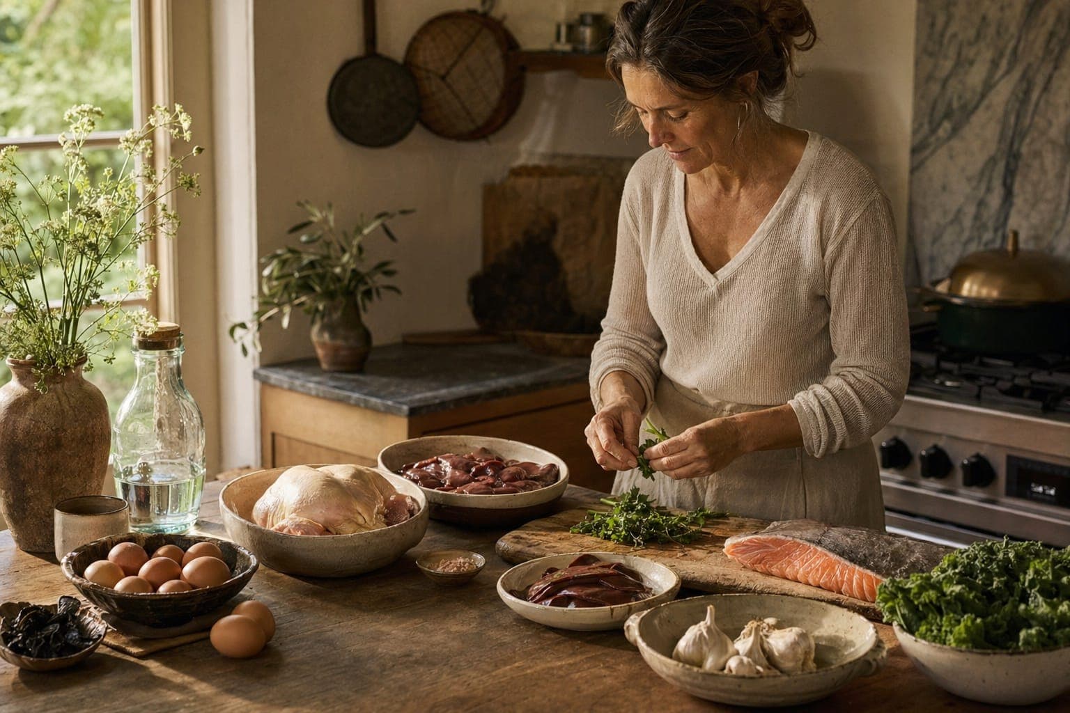 A bright, airy kitchen with a person seated at a table of fresh whole foods in soft daylight