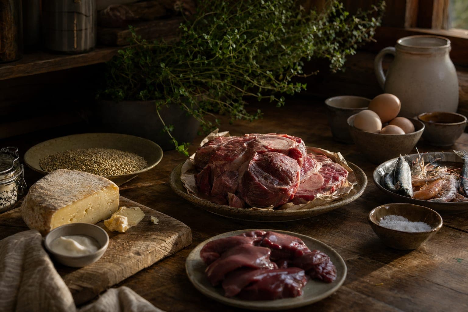 A dark butcher-style spread of raw meat, fish, eggs and herbs representing dietary protein sources
