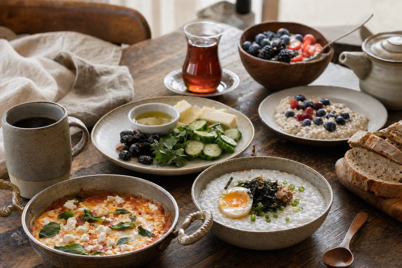 A moody breakfast table set with eggs and cooked dishes in warm, low light