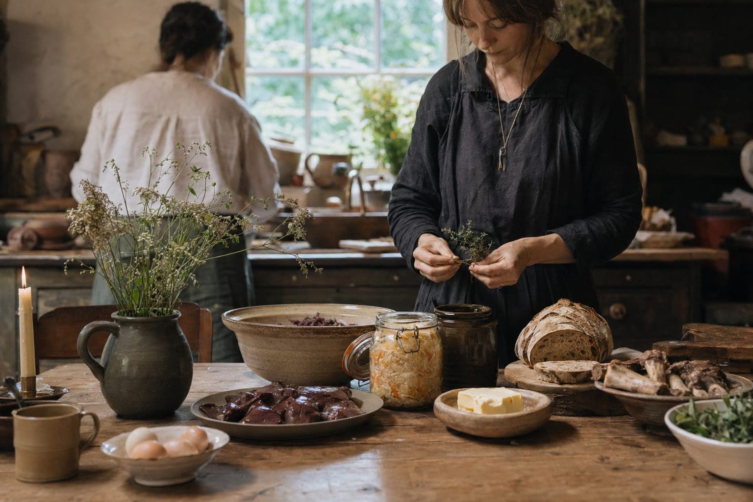 A sunlit kitchen scene with a person by a window surrounded by hanging plants and jars of food