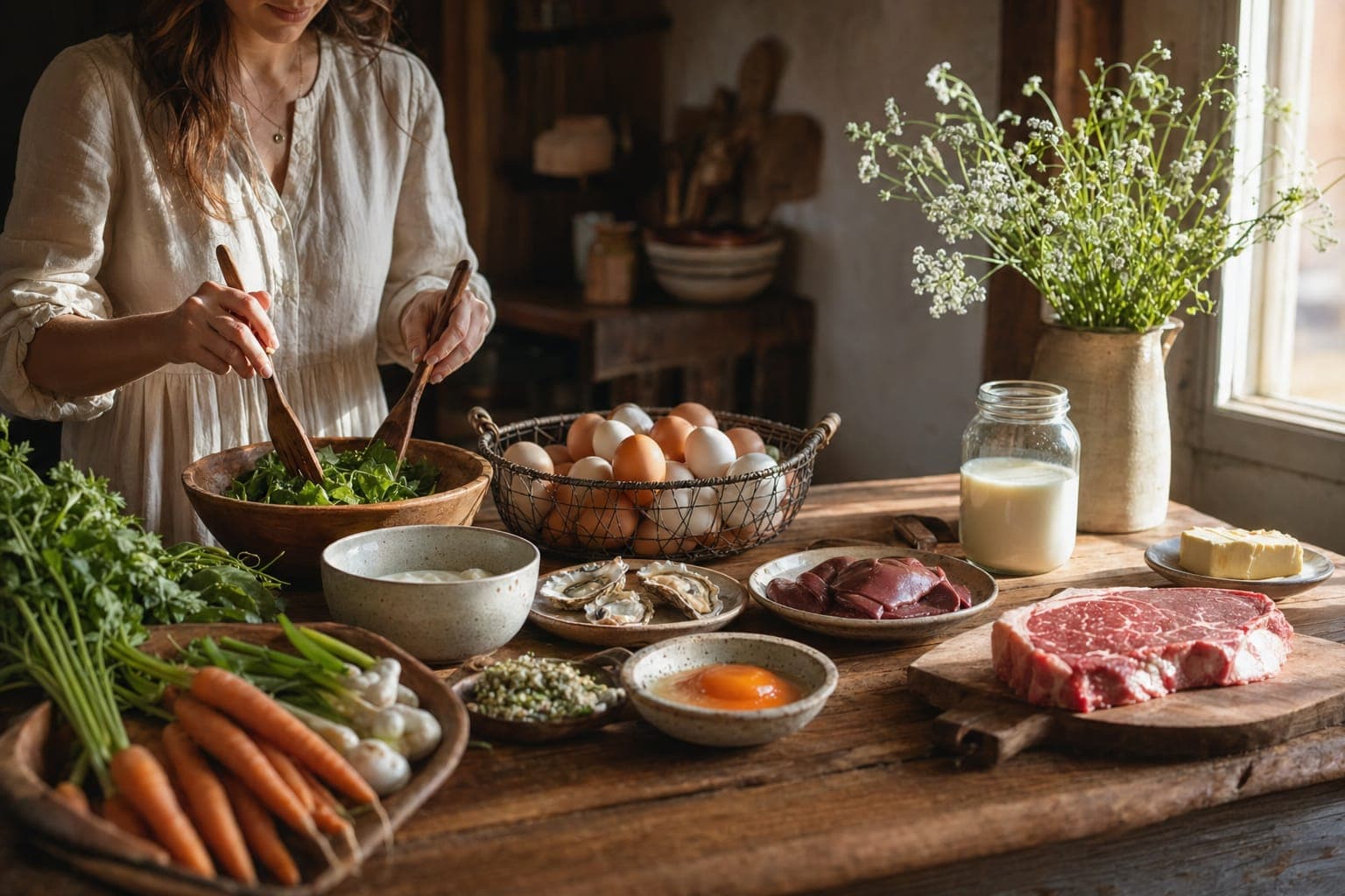 A woman at a kitchen table with a colourful spread of vegetables, eggs, fish and fruit in bright light