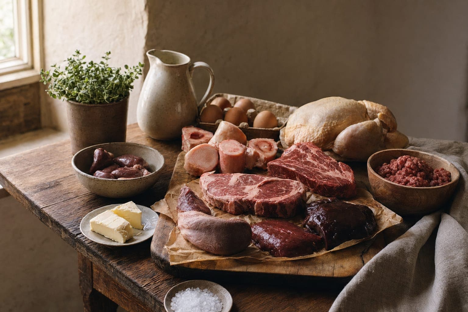 A dark wooden board of raw red meat cuts, eggs and herbs in a moody farmhouse kitchen