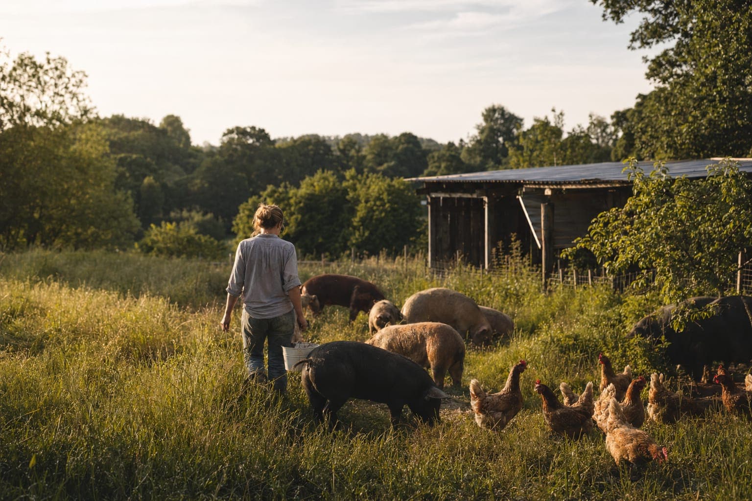 Cattle grazing in a green pasture beside a wooden fence under soft countryside light