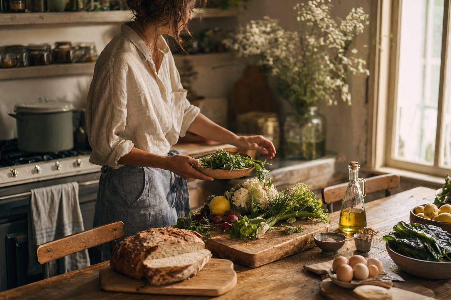 A woman preparing fresh vegetables at a plant-filled kitchen counter in warm light