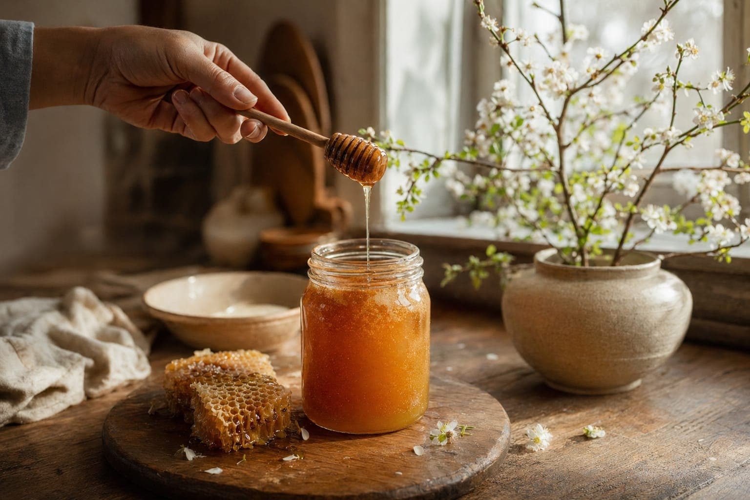 A jar of golden honey with a wooden dipper on a kitchen counter, surrounded by herbs and fruit