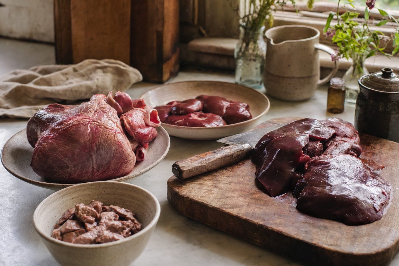 Raw beef liver and organ meat on a wooden cutting board in warm kitchen light
