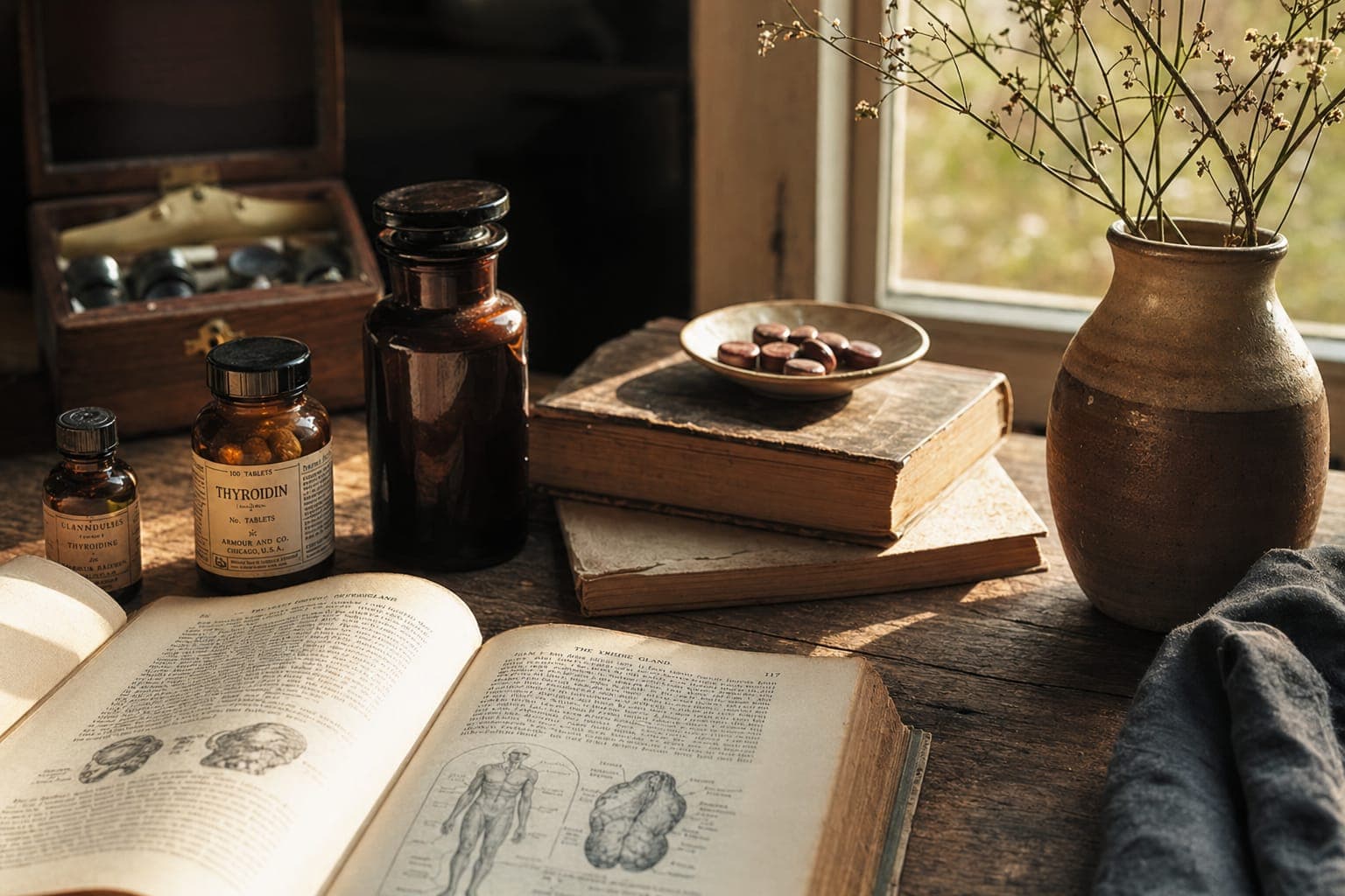 A rustic apothecary-style shelf with clay pots, bowls and dried herbs in soft light