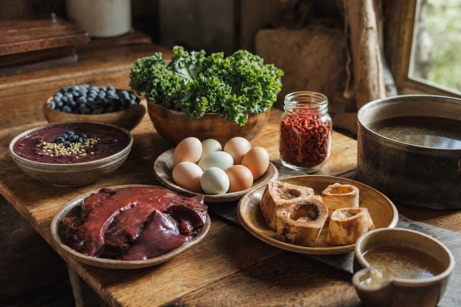 A dark table with bowls of eggs, fresh vegetables and raw meat in moody light