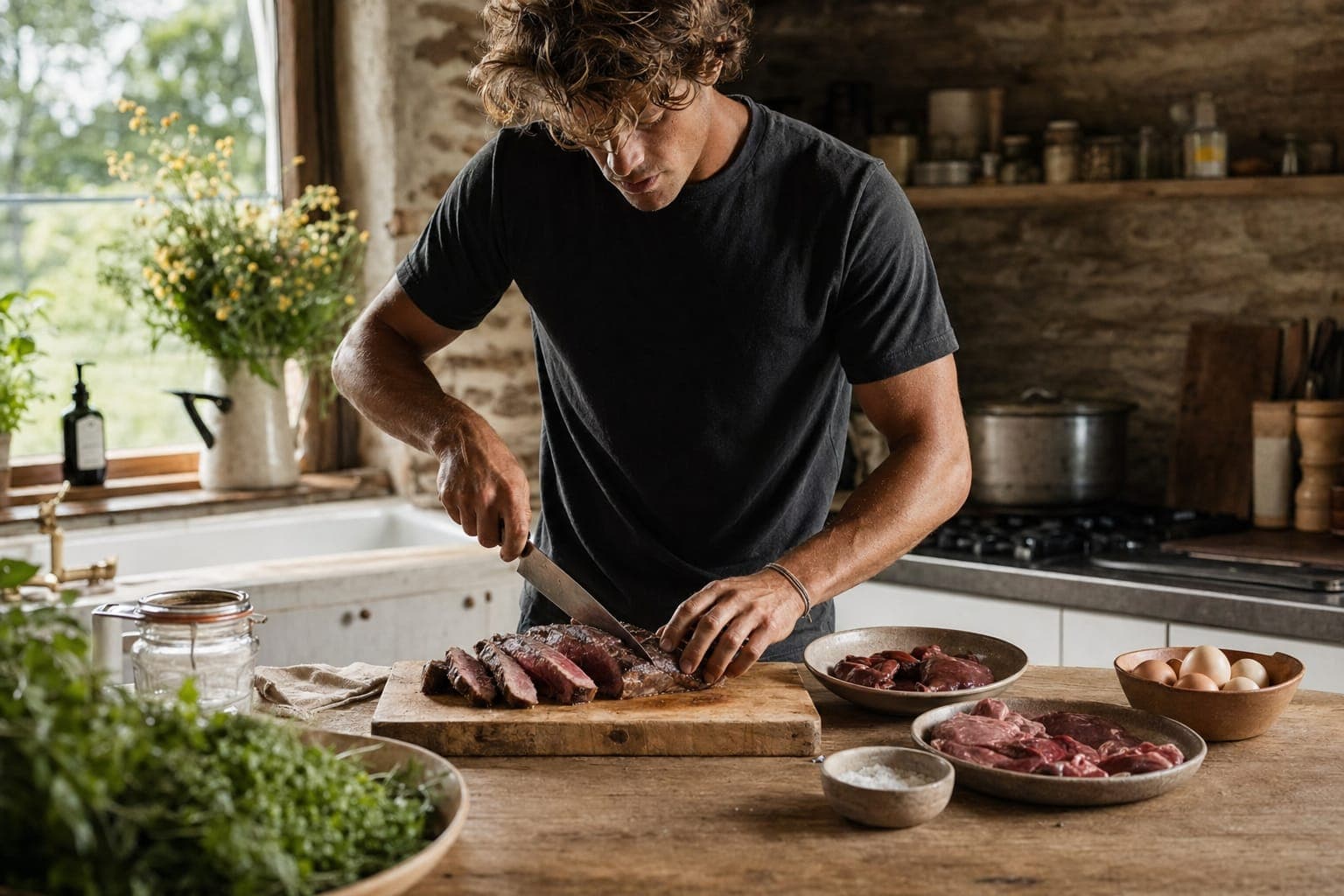 A man preparing a meal at a kitchen counter, chopping fresh ingredients in natural light