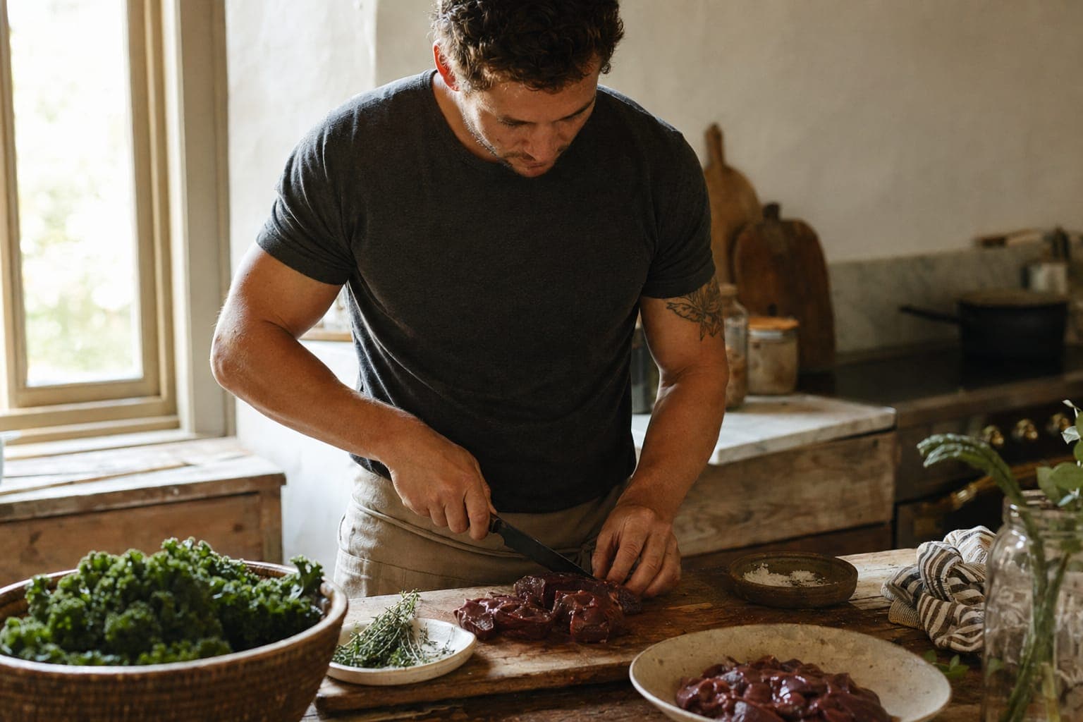 A man slicing red meat at a rustic kitchen counter with herbs in warm light