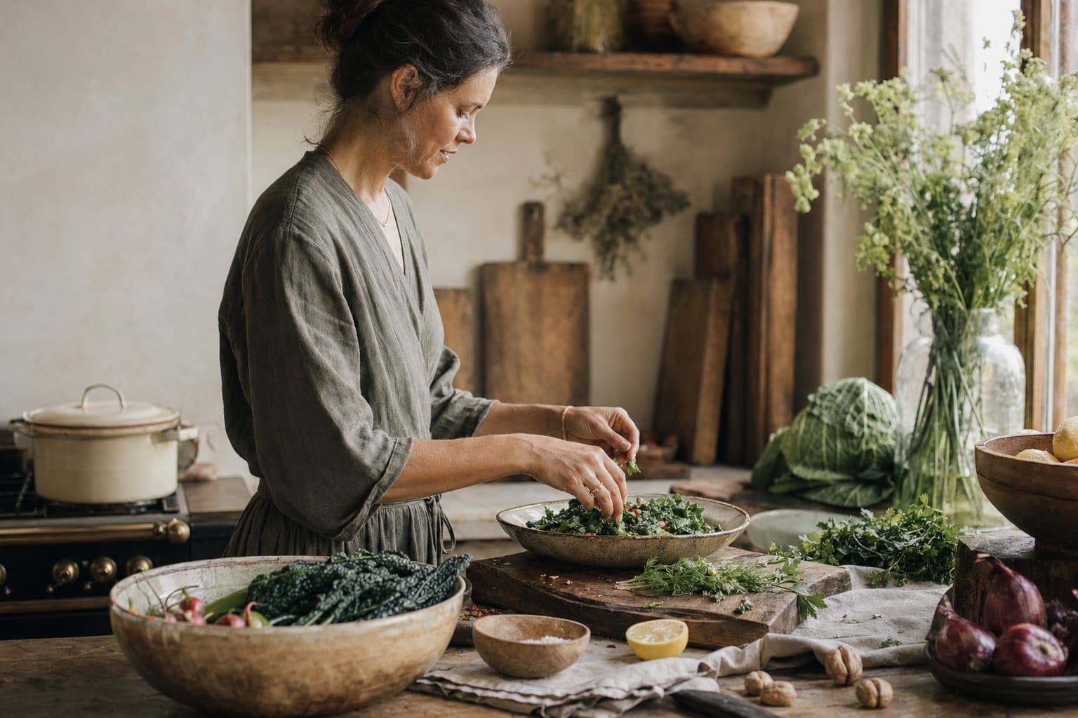 A person preparing vegetables at a wooden table in a calm, sunlit kitchen
