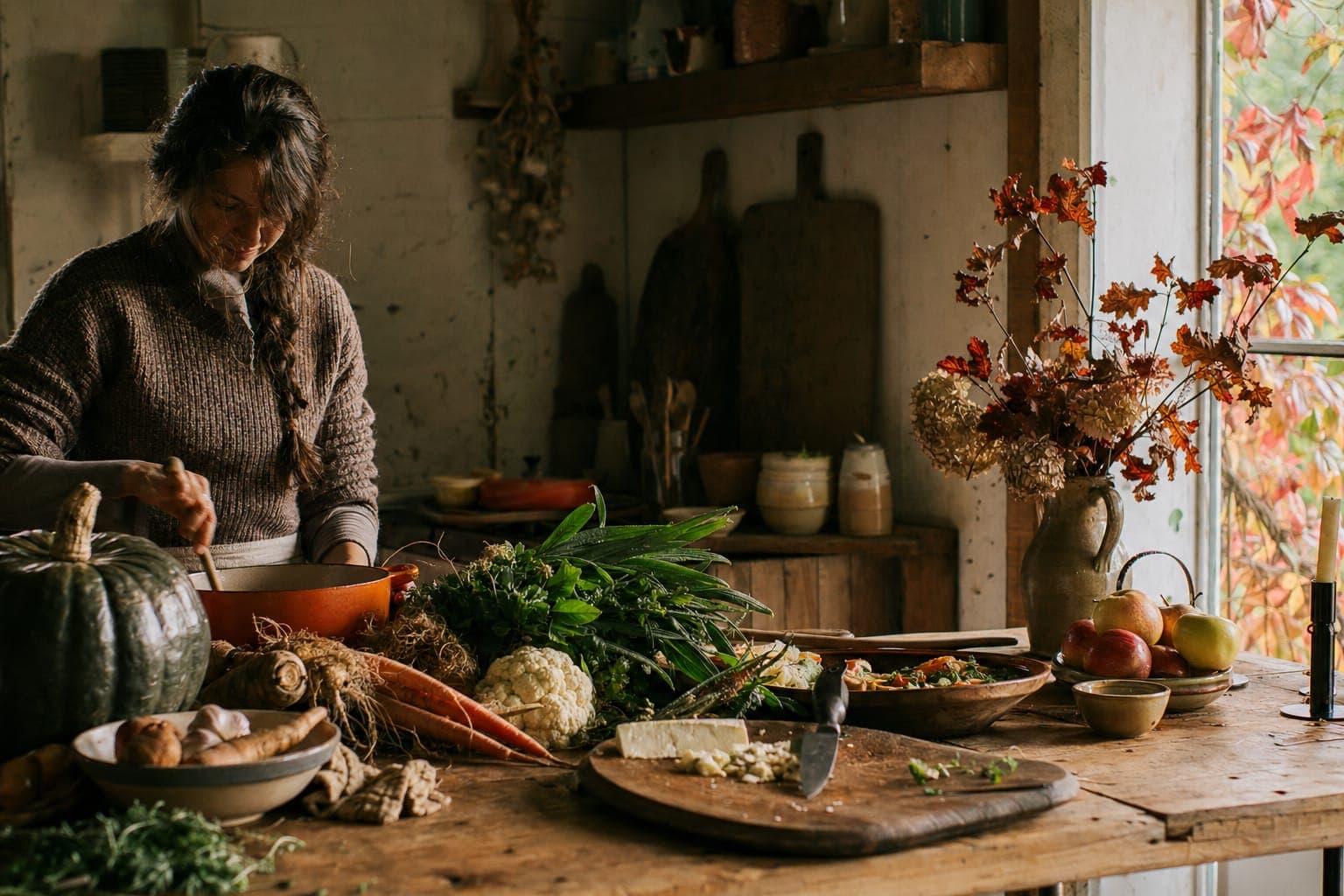 An autumnal spread of squash, root vegetables and herbs on a dark rustic table