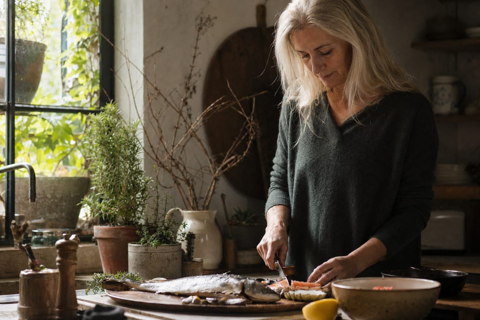 An older woman preparing food at a kitchen counter in soft natural light