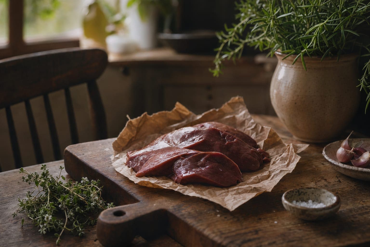 Raw organ meat on a wooden board with fresh herbs on a dark table in warm light