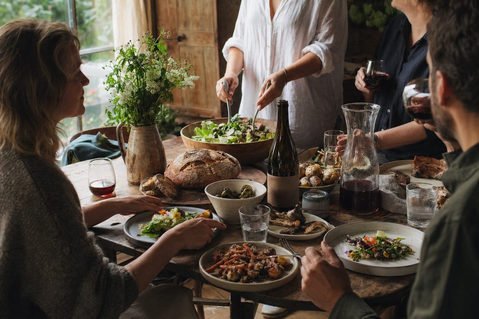 People gathered around a rustic table laden with food in warm, convivial light