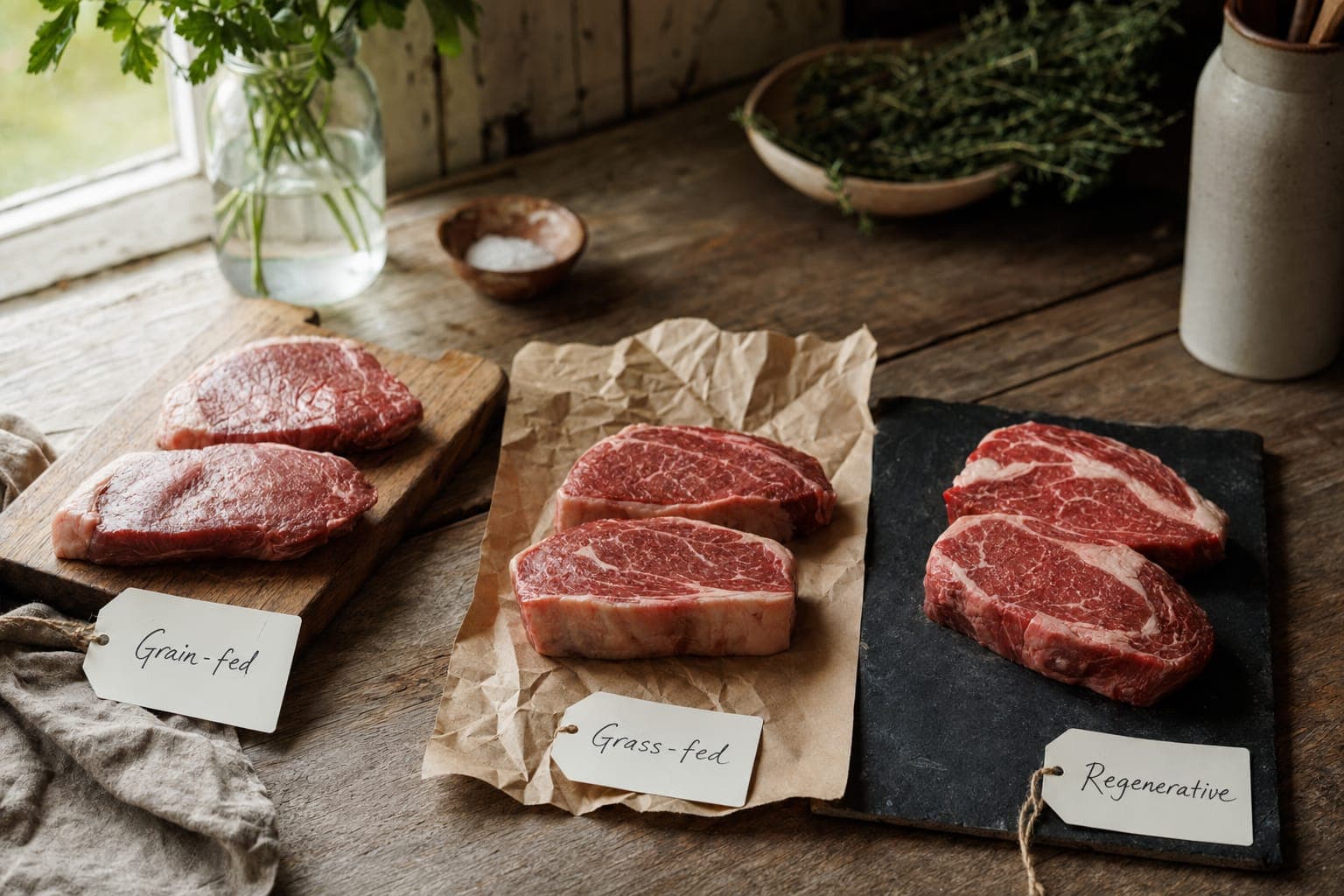 Raw red beef steaks on a wooden board with fresh herbs beside a sunlit window