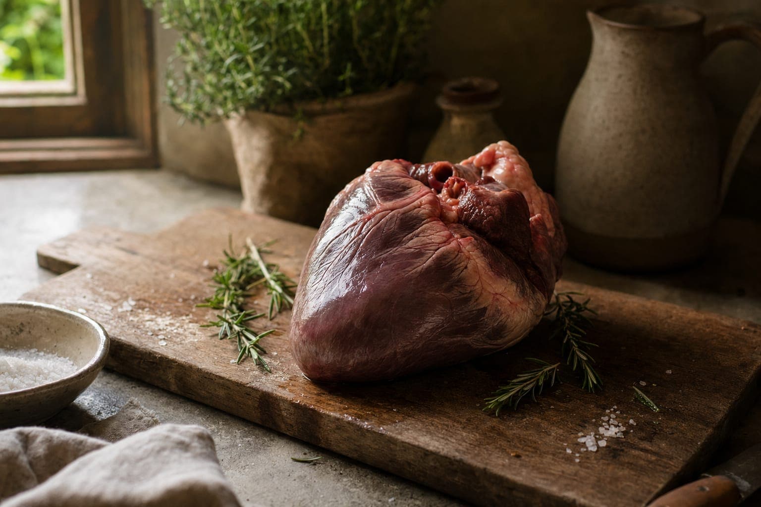 A whole raw beef heart on a wooden board with rosemary in warm rustic light
