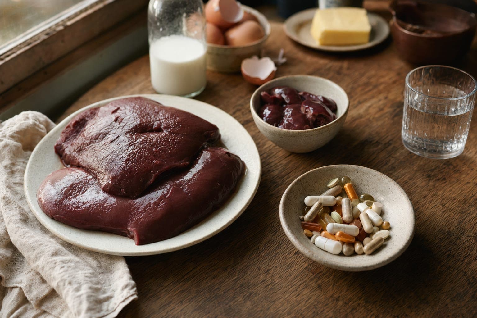 A plate of raw beef liver surrounded by bowls of nuts and dried fruit on a dark table