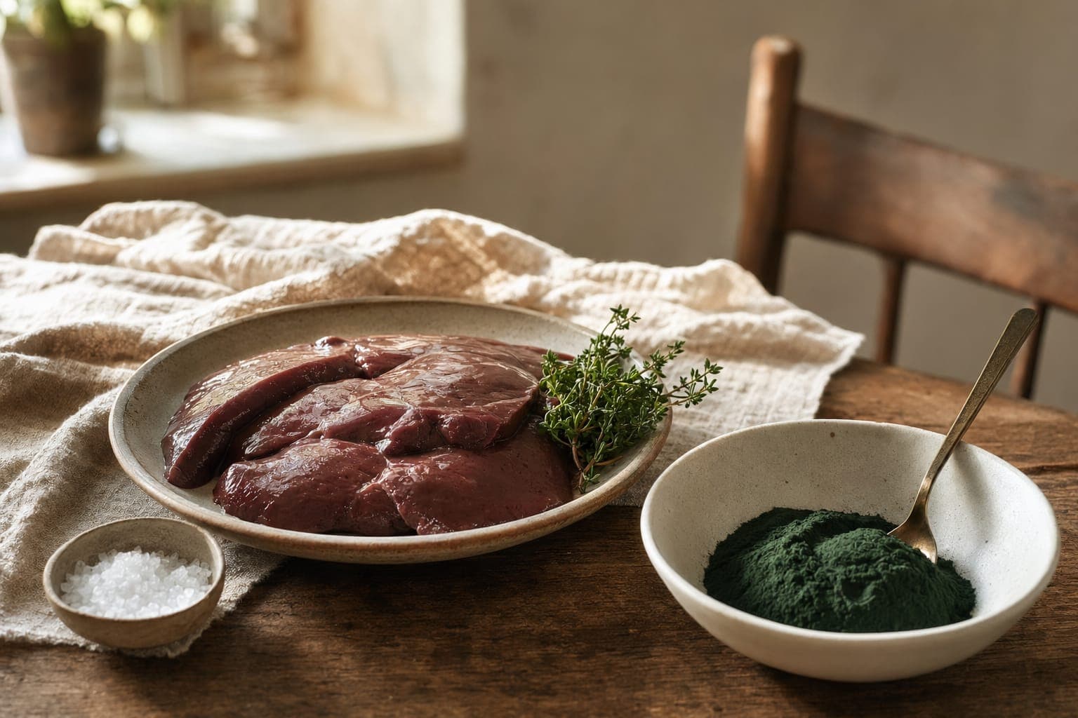 A plate of raw beef liver with fresh green leaves on a rustic wooden table