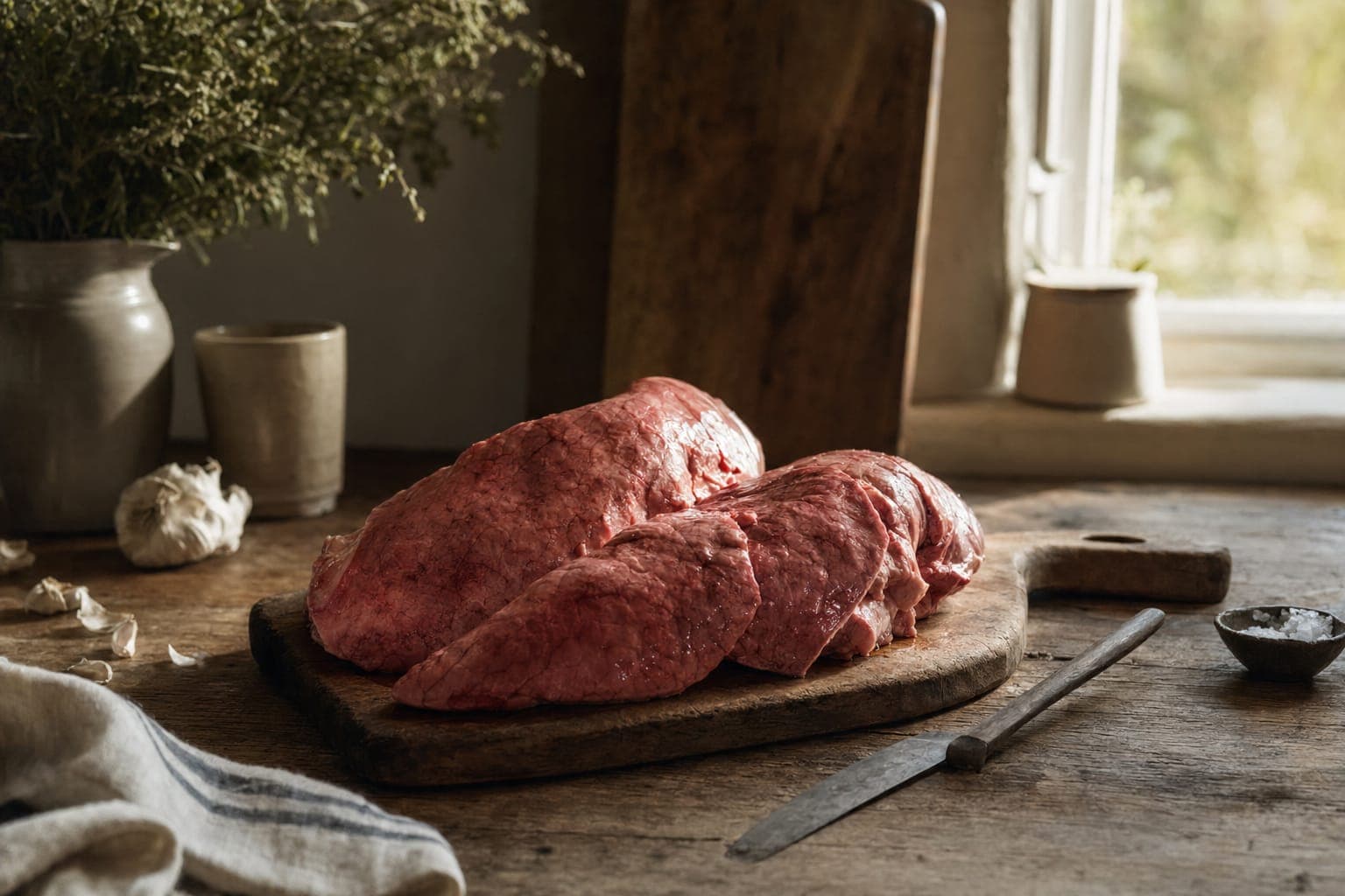 A cut of raw beef lung on a wooden board on a farmhouse table in window light