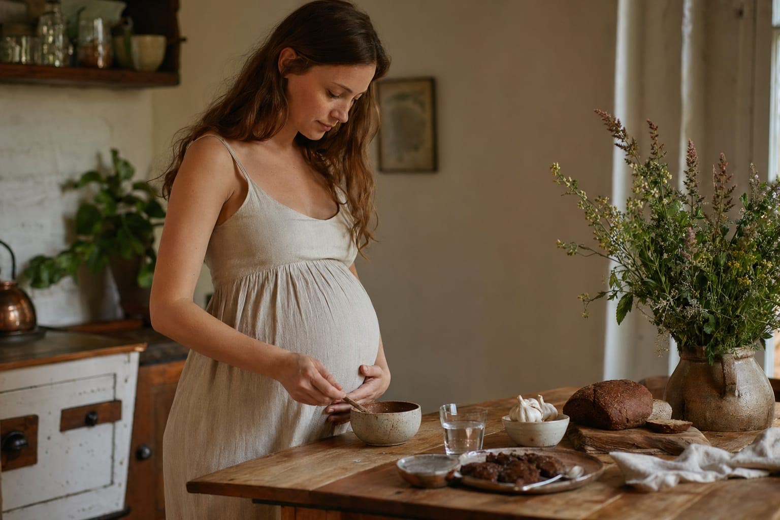 A pregnant woman in a kitchen beside a table of fresh whole foods in soft light