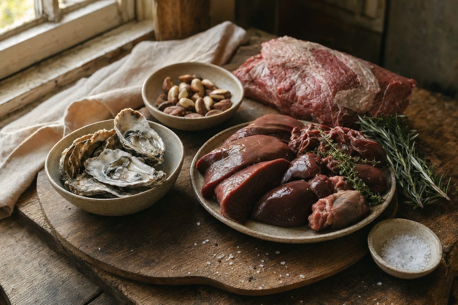 A spread of organ meats, eggs and shellfish in bowls on a dark rustic table