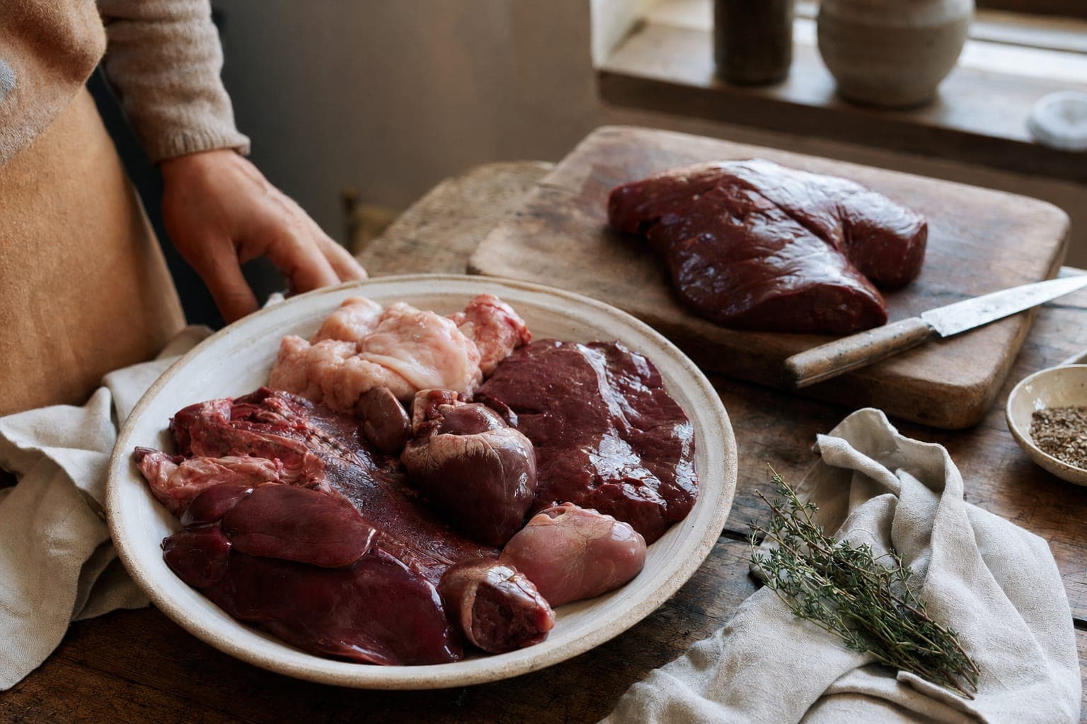 A plate piled with raw organ meat on a rustic wooden table in warm light