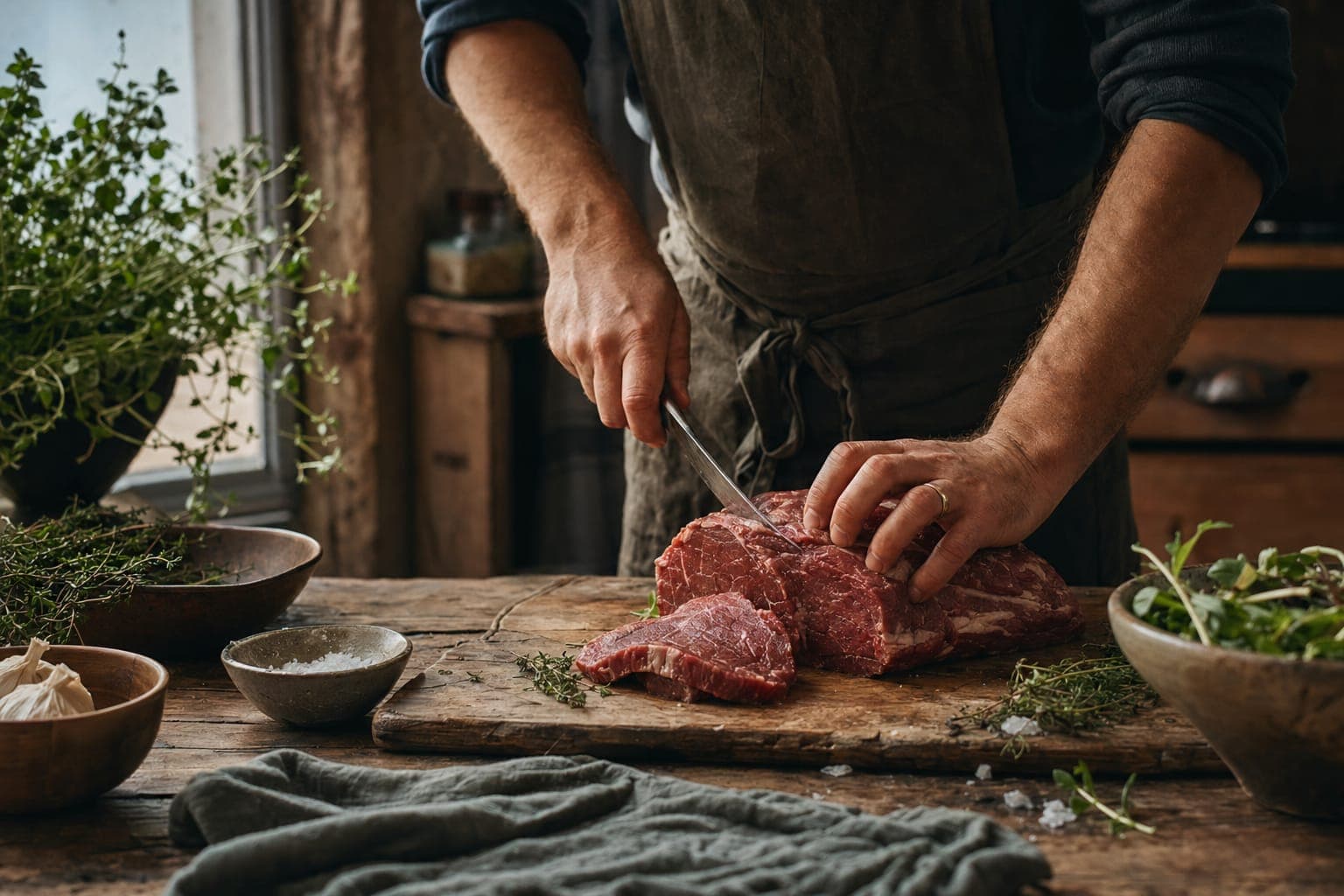 Hands preparing raw meat on a wooden board with herbs in warm kitchen light