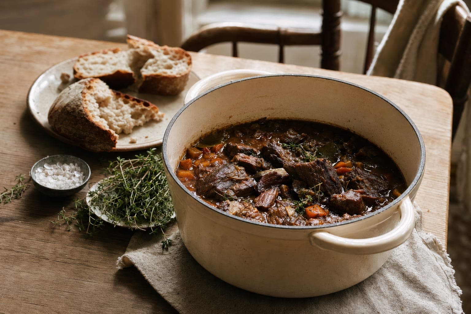 A dark bowl of slow-cooked beef stew on a rustic table in moody light