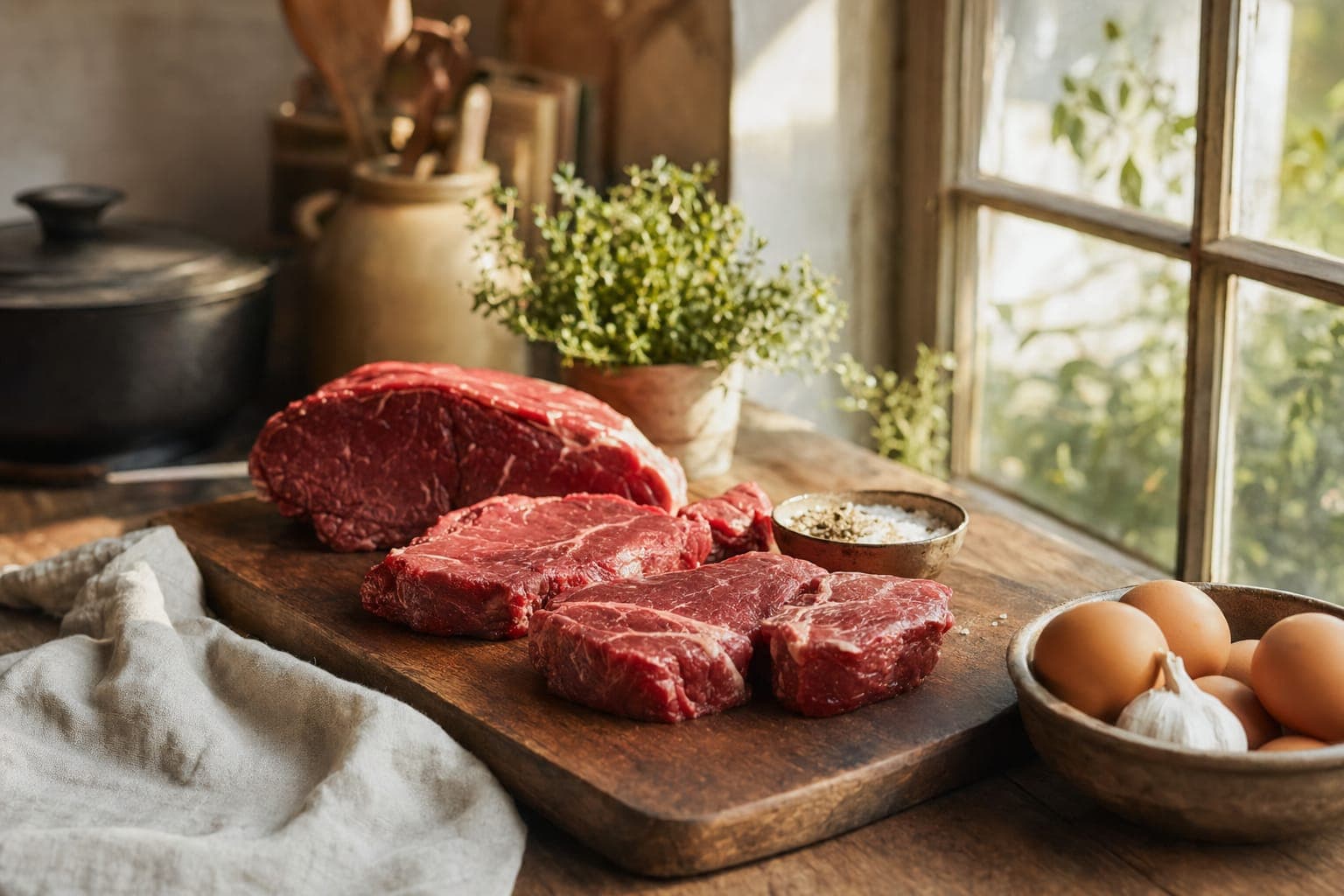 A raw beef steak on a wooden board with fresh herbs beside a sunlit window