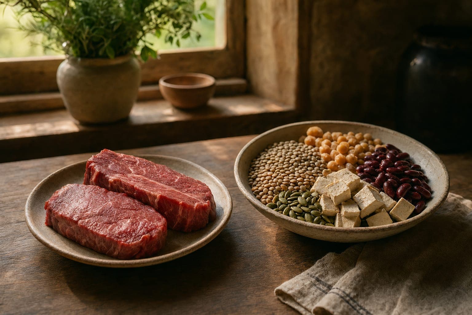 Raw beef steak beside a plate of eggs and plant foods on a wooden table