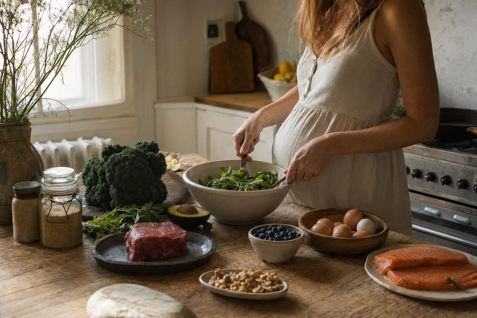 A pregnant woman preparing fresh vegetables at a kitchen counter in soft light