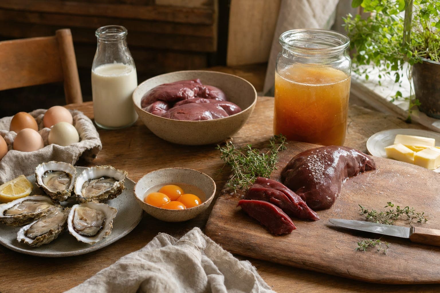 A bright breakfast table with eggs, fresh juice and plates of whole foods