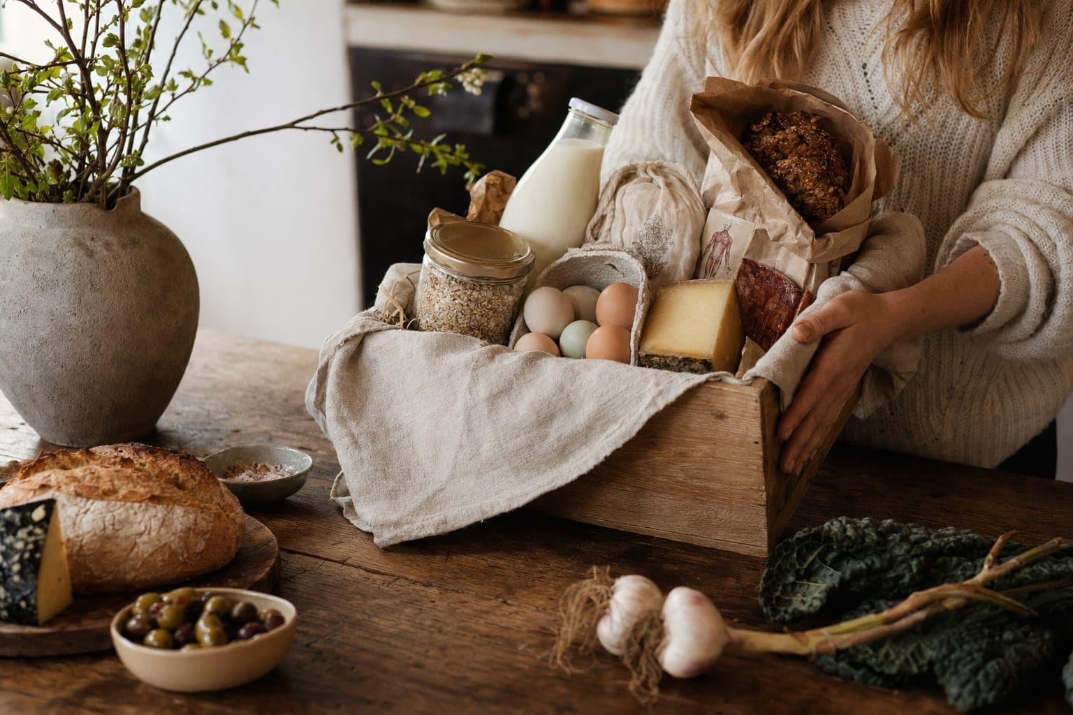 A person holding a rustic wooden box of whole foods as a gift in warm light