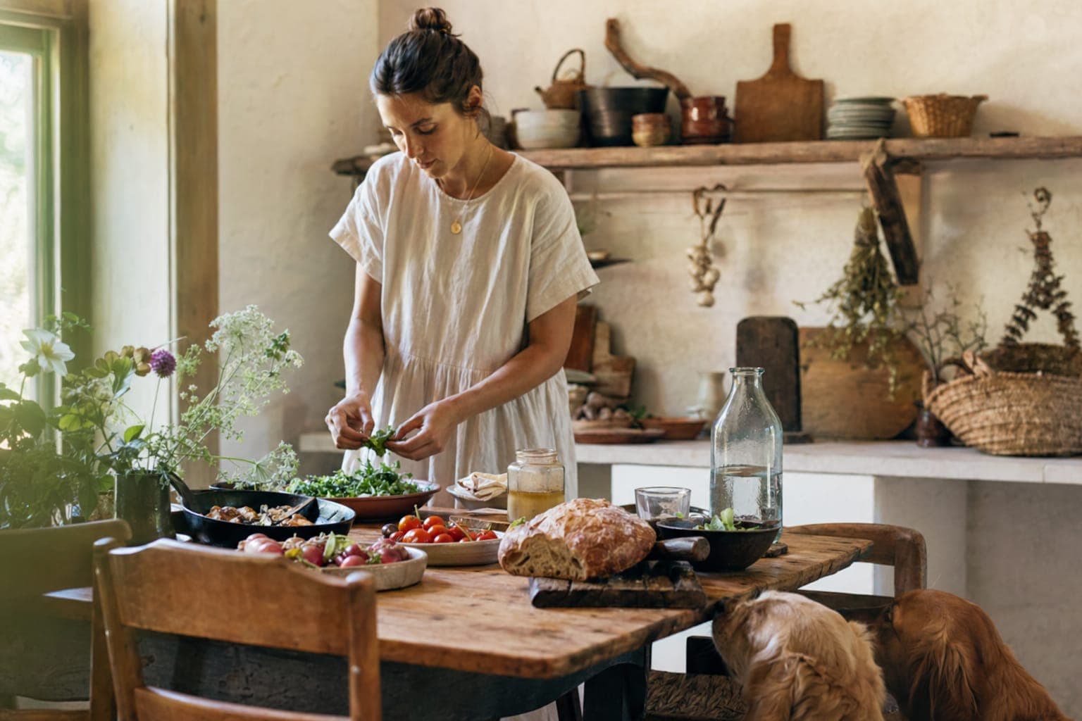 A warm, lived-in farmhouse kitchen with shelves and counters of whole foods