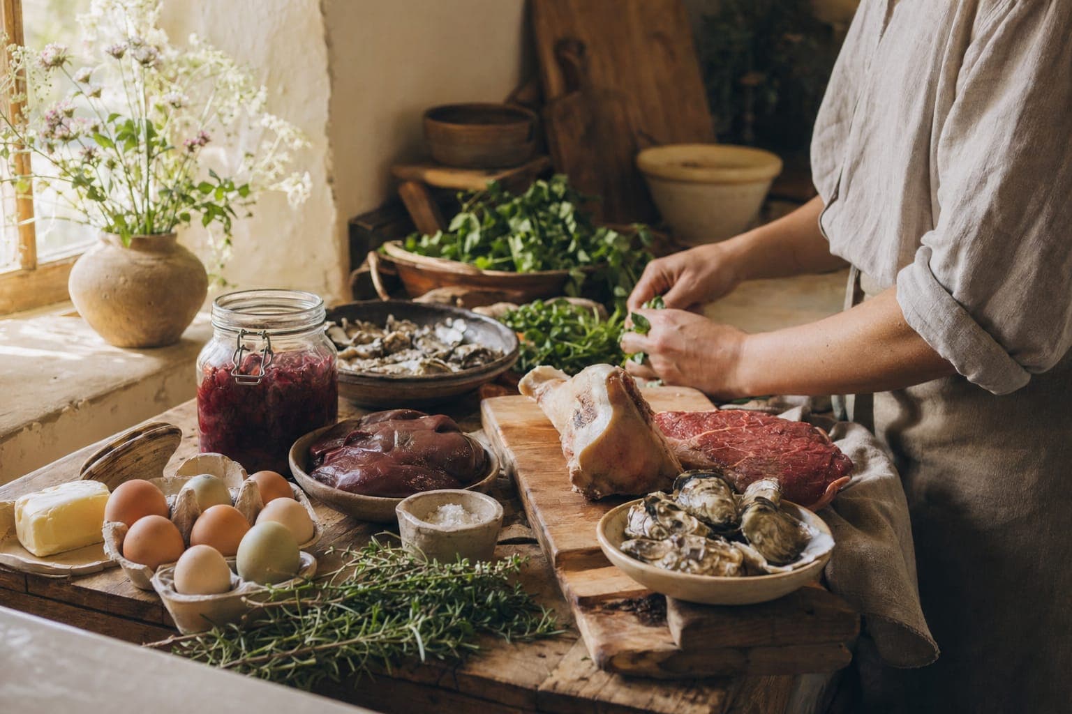A spread of eggs, shellfish, meat and citrus on a dark rustic table