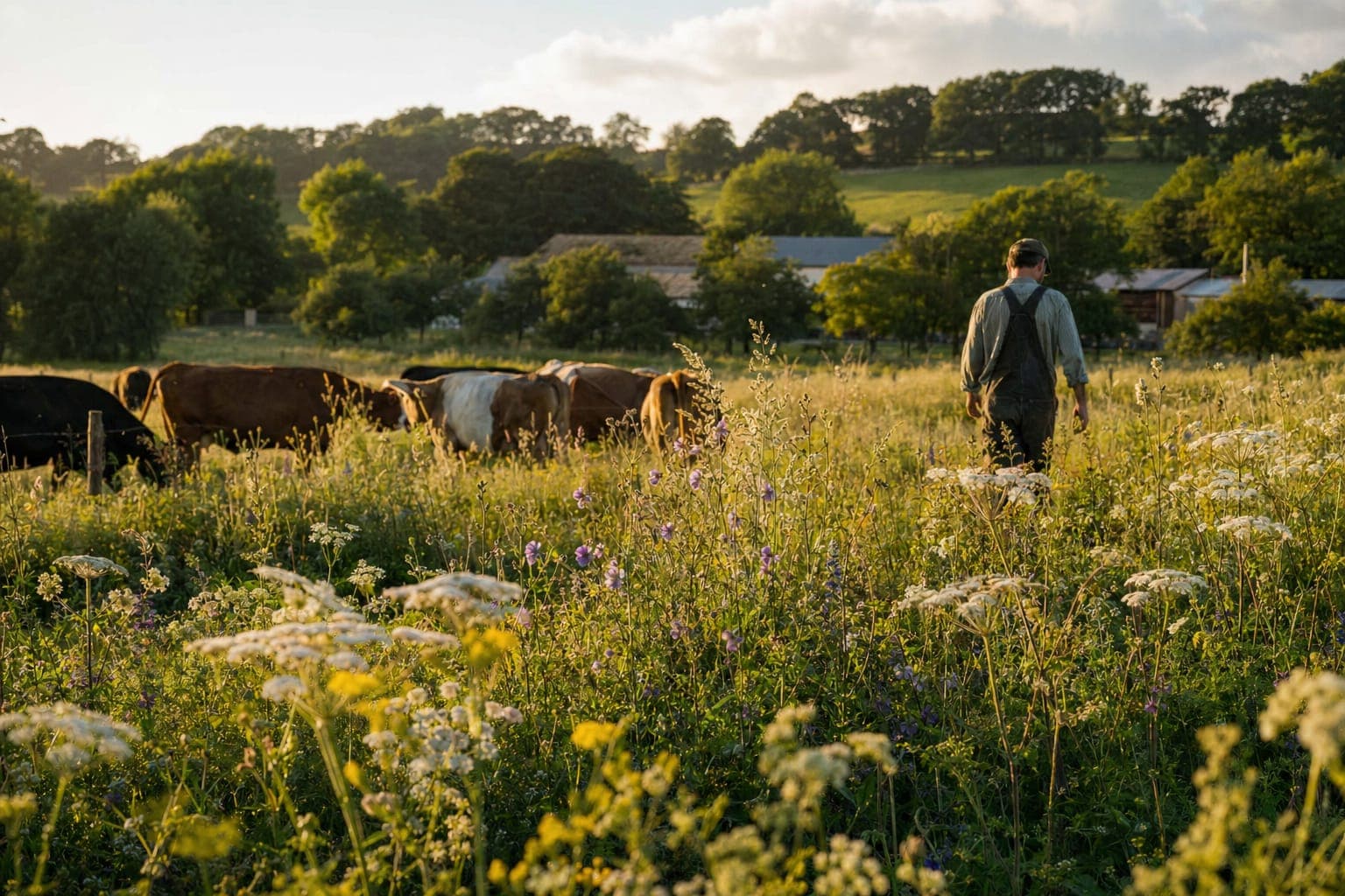 Cattle grazing in a wildflower meadow on a biodiverse farm under soft sky